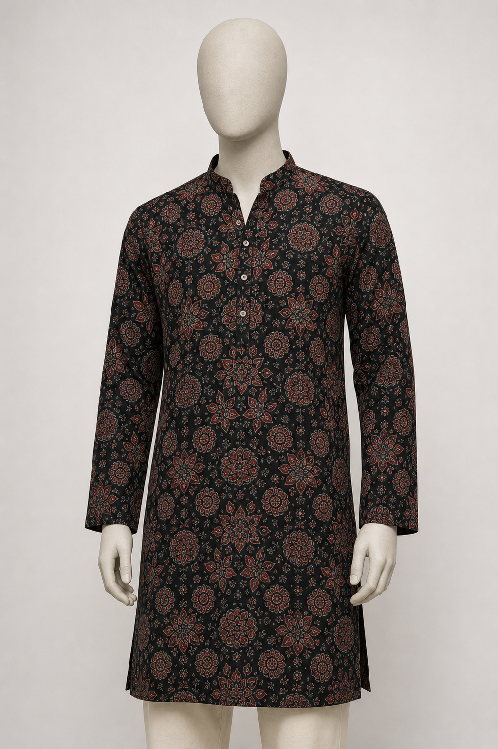 Ajrakh kurta product displayed on a dummy statue